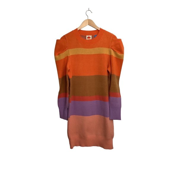 Anthropologie Farm Rio Knit Sweater Tunic Color Block Puff Sleeve Dress Medium - Picture 4 of 5